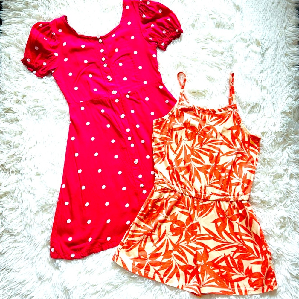 Old Navy Girls 2 piece bundle Dress and Romper M (8)Orange-Pink Summer polka dot